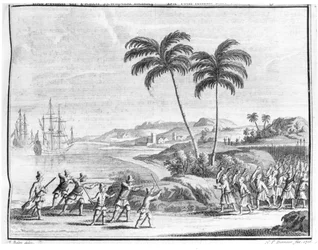 En nederländsk landstigningsgrupp som ligger i bakhåll i Ostindien, ur "Oud en Nieuw Oost-Indien 1724-26" av Valentijn, graverad av Diamaer, 1726.